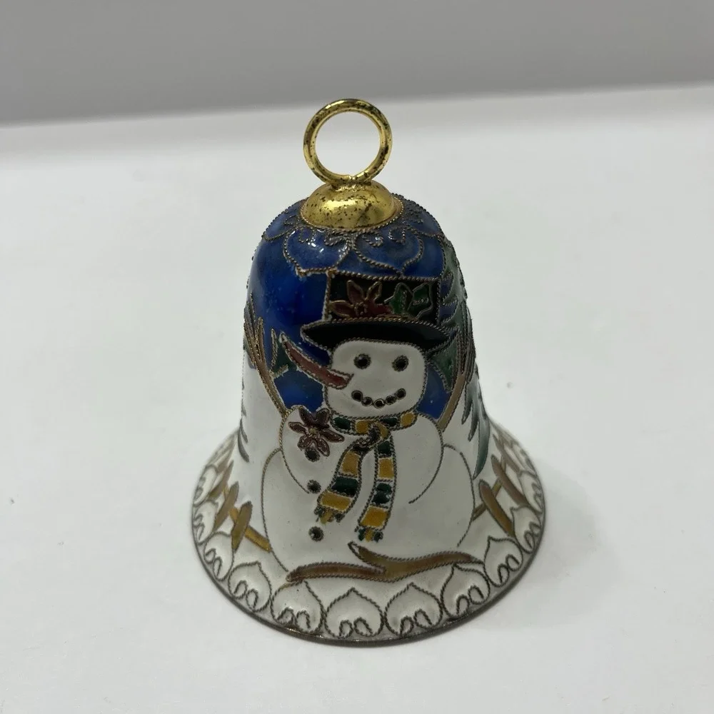 Vintage Christmas Cloisonné Bell Tree Ornament Snowman 3.25
